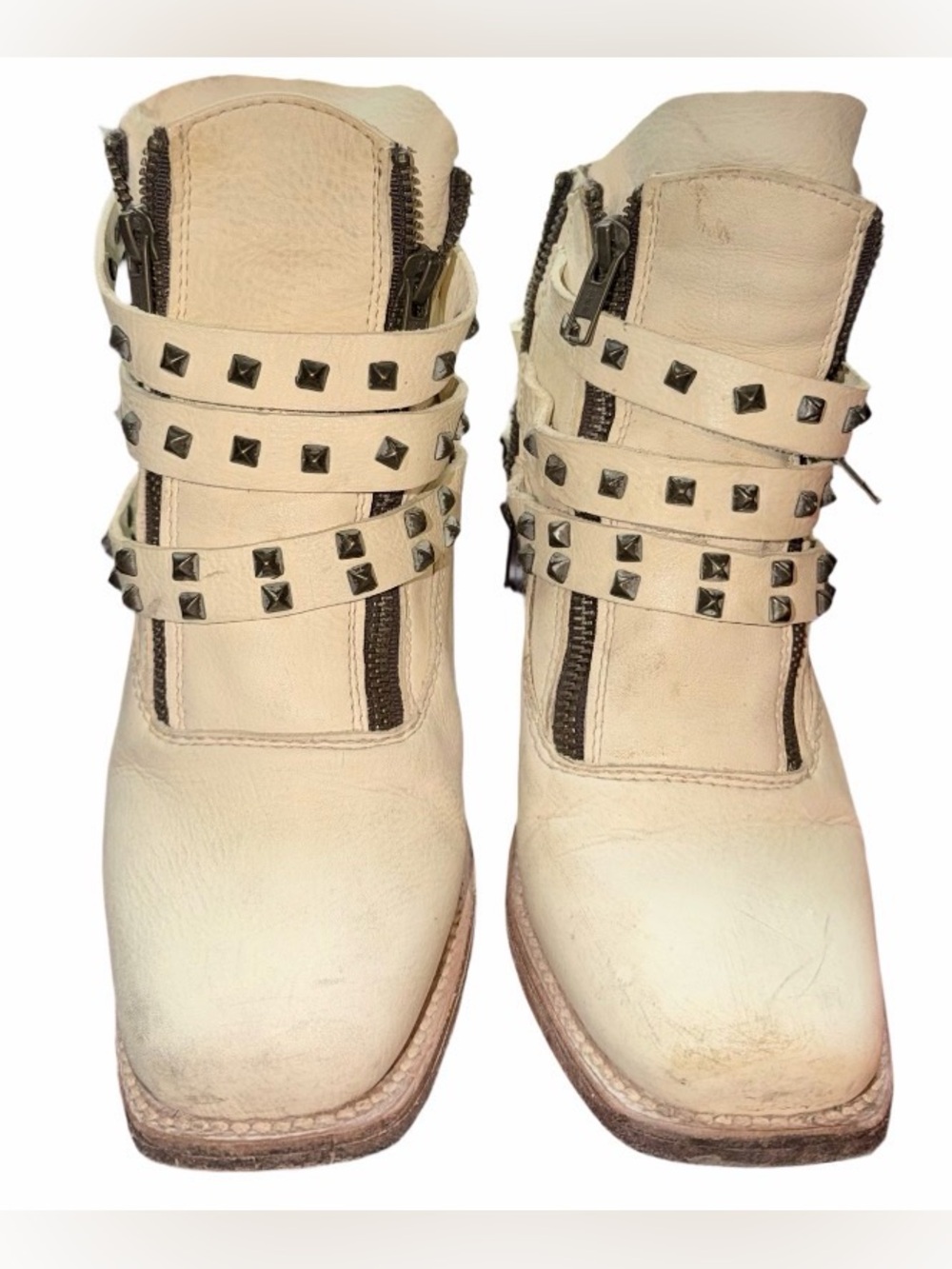 freebird Cream Studded Strap Ankle Booties
